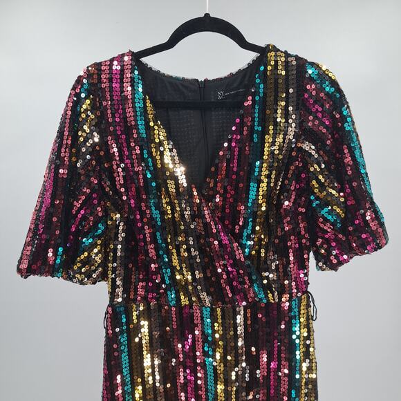 NWT New York & Company Dress S Full Sequin Surplice Flutter Sleeve Party Rainbow - Picture 4 of 9